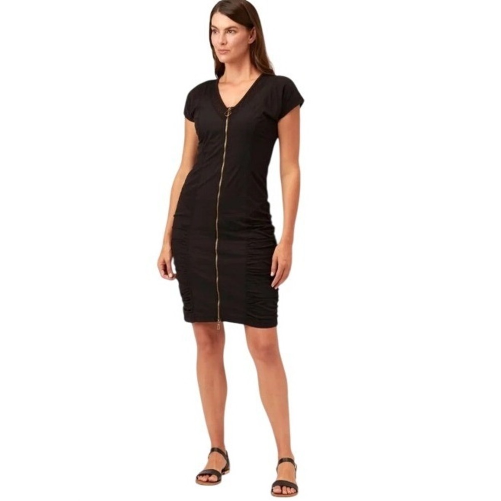 XCVI Imogen Dress Womens Medium Black‎ Cotton Ruched Zip Front V Neck Mesh Trim